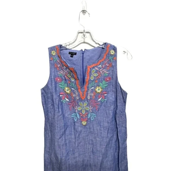 Talbots Embroidered Linen Cotton Chambray Shift Dress Size 2 Floral Embroidered - Picture 3 of 8